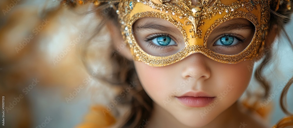 Young girl in vibrant carnival costume and ornate mask showcasing her striking blue eyes for a captivating portrait during festive celebrations. Young girl in vibrant carnival costume and ornate mask showcasing her striking blue eyes for a captivating portrait during festive celebrations.