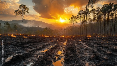 The loss of biodiversity is poignantly illustrated through images of cleared forests, emphasizing the critical need for forest conservation and sustainable land management practices. photo