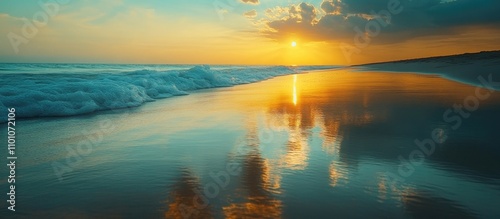 Serene Sunset Reflection on Dhani Nallah Beach with Waves and Golden Sky