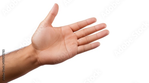 Closeup of an open hand gesturing for attention isolated on a plain white background showcasing human interaction and communication concepts photo