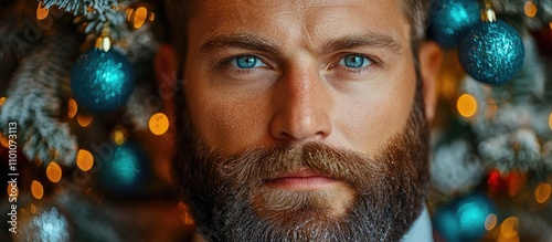 Serious festive man with a decorated beard surrounded by Christmas ornaments and holiday lights in a cozy seasonal setting photo