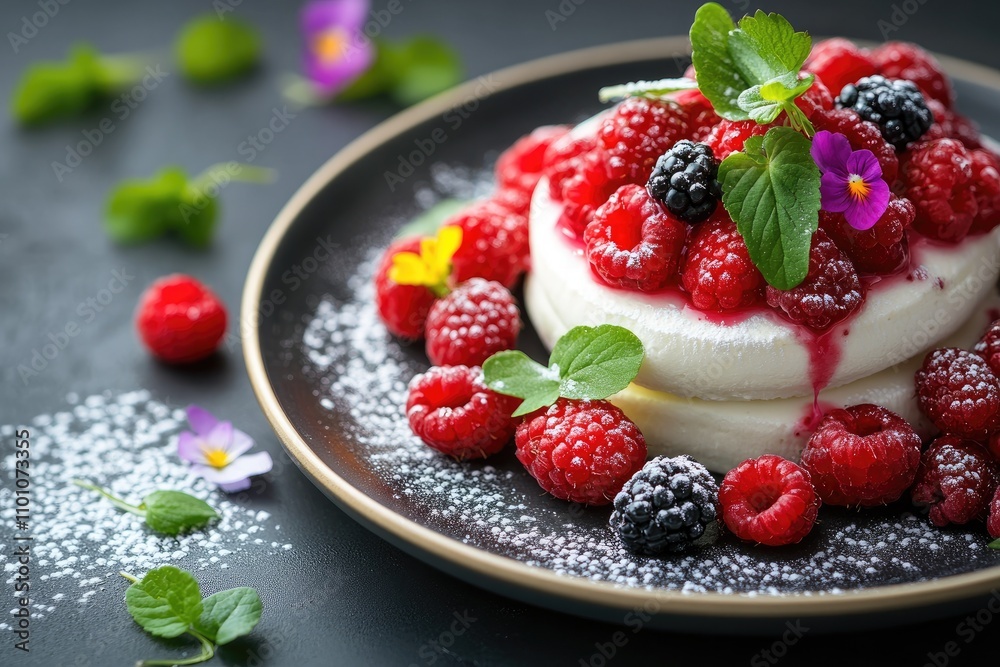 Delicious panna cotta dessert decorated with fresh raspberries and pomegranate seeds and drizzled with coulis Delicious panna cotta dessert decorated with fresh raspberries and pomegranate seeds and drizzled with coulis
