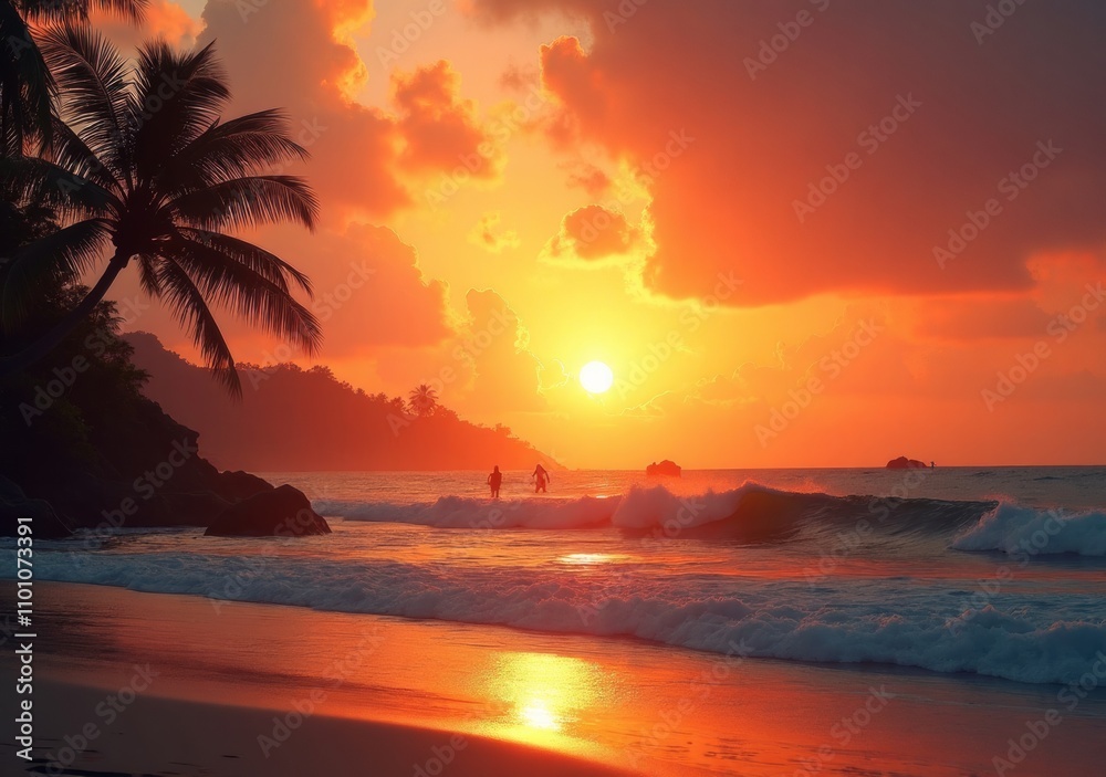 Sunset over beach with silhouetted figures walking along the shore Sunset over beach with silhouetted figures walking along the shore