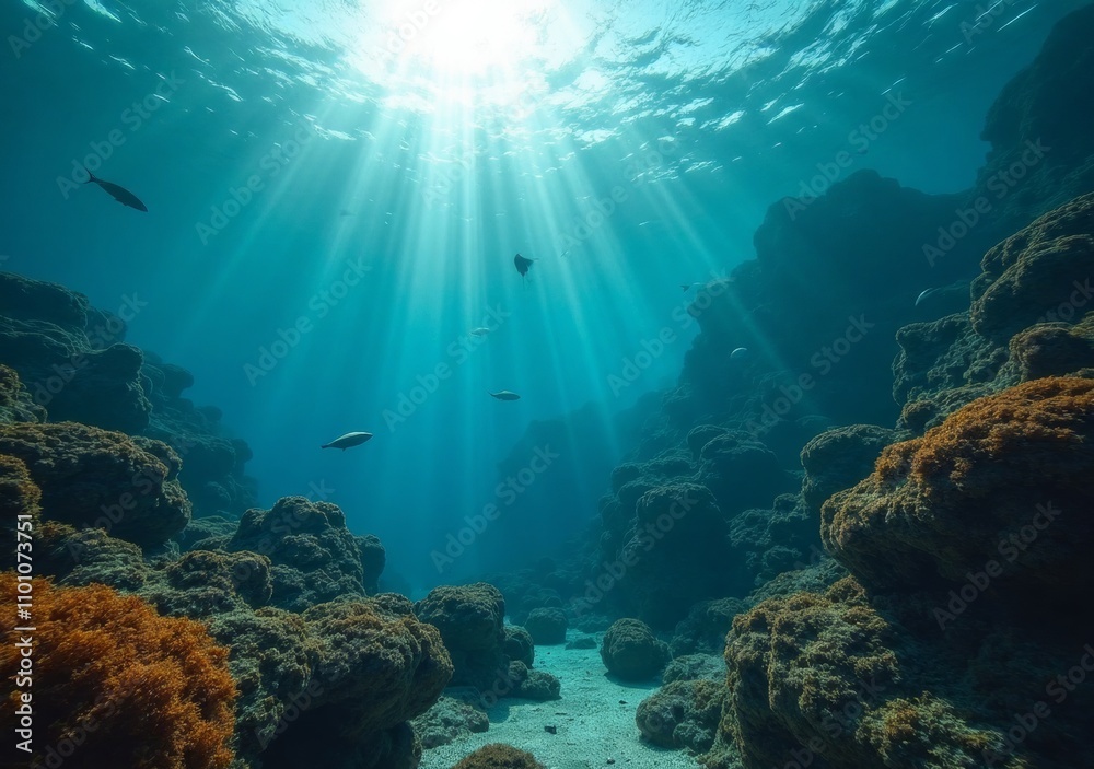 Naklejka premium Underwater landscape with vibrant coral and sun rays in a clear ocean
