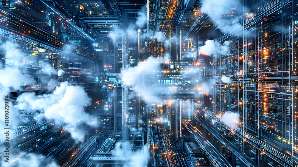 Obraz premium Futuristic Cityscape: A 3D Digital Illustration of a Dense, Illuminated Metropolis with Steam, Showing a Complex Network of Structures and Glowing Lines, Viewed from Above