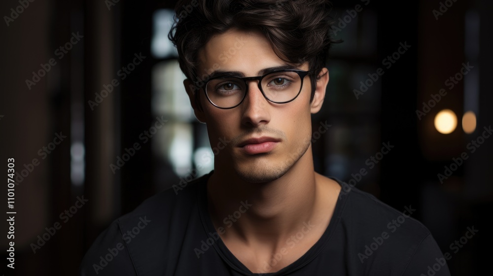 Fototapeta premium Stylish young man with glasses looking confidently at the camera in a dimly lit indoor setting