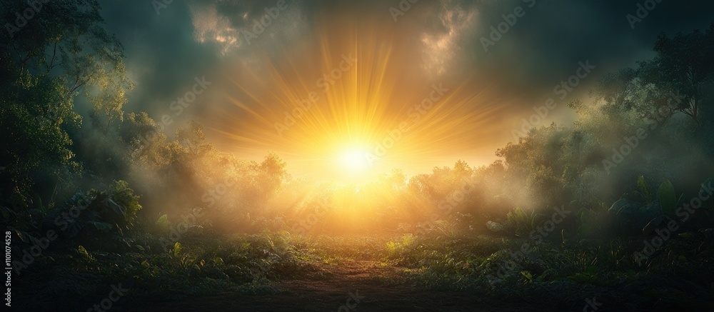 Fototapeta premium Majestic sunrise illuminating a lush landscape with vibrant colors and mist, embodying the beauty of nature and serene tranquility.