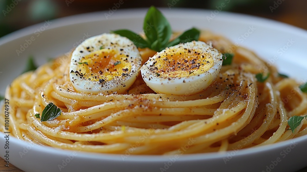 Fototapeta premium Close up of creamy spaghetti topped with soft boiled eggs and fresh basil garnishing in a clean white bowl on wooden surface.