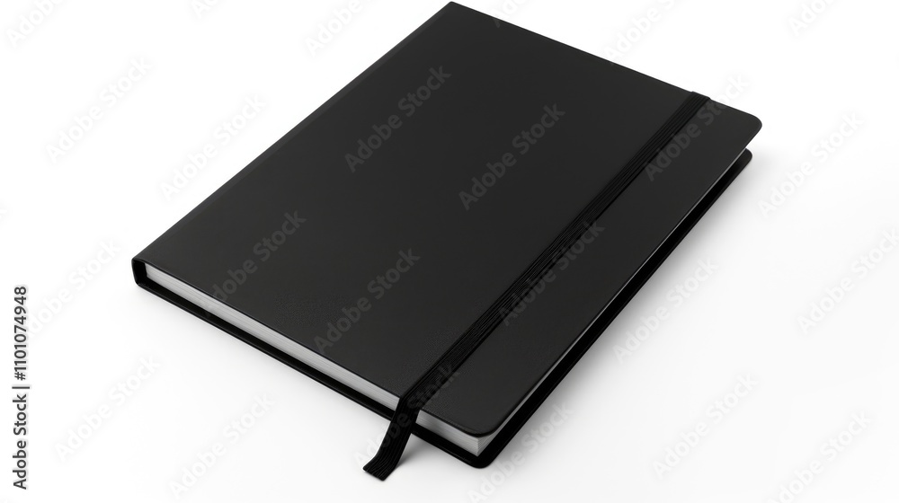 Elegant black notebook with elastic band on a pristine white background showcasing minimalist design for stationery or planning applications Elegant black notebook with elastic band on a pristine white background showcasing minimalist design for stationery or planning applications