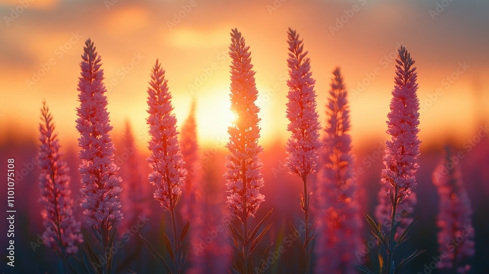 Serene sunset over grass flowers with warm tones and soft focus creating a tranquil atmosphere in an idyllic natural setting Serene sunset over grass flowers with warm tones and soft focus creating a tranquil atmosphere in an idyllic natural setting