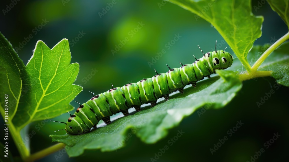 Fototapeta premium Close-up of a vibrant green caterpillar resting peacefully on a fresh green leaf in a natural outdoor setting.