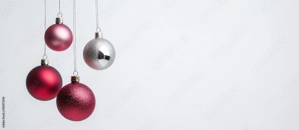 Elegant Christmas baubles in red pink and silver hanging against a minimalistic white backdrop for festive holiday designs and decorations.