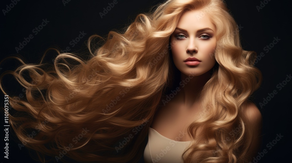Fototapeta premium Glamorous woman with flowing long shiny curly blonde hair showcasing elegance and beauty in a dramatic portrait setting