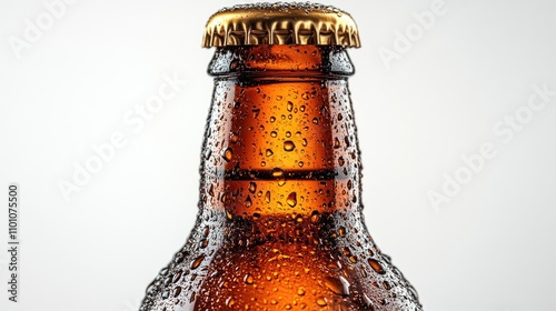 Amber beer bottle with condensation droplets isolated on a white background showcasing its refreshing appearance and enticing texture. photo