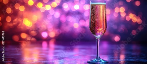 Champagne glass glowing in neon purple light creating a festive atmosphere ideal for celebrations and special events photo