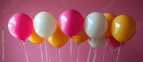 Colorful balloons for child's birthday party in pink, yellow, and white against a soft pink backdrop creating a cheerful festive atmosphere. photo