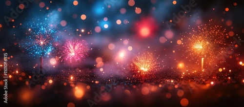 Colorful fireworks display in vibrant hues creating a romantic atmosphere with blurred bokeh lights in the background