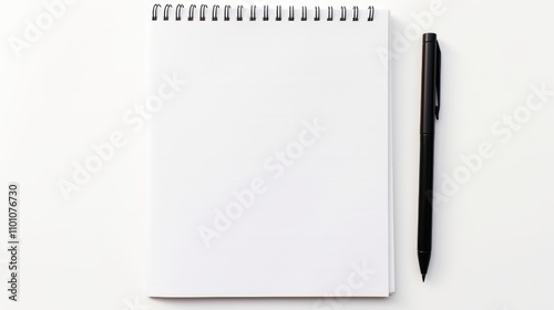 Spiral bound blank notebook with a black pen isolated on a white background for creative and planning concepts photo