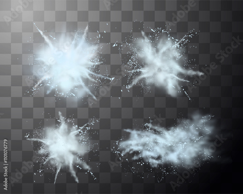 Vector graphics depicting an explosion of sand with small particles on a transparent background