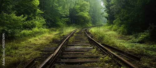 Fototapeta Naklejka Na Ścianę i Meble -  Bieszczady Forest Railway scenic view showcasing overgrown tracks in a lush green forest environment inviting nature enthusiasts.