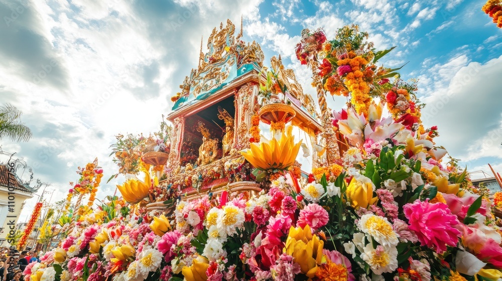 Obraz premium Elaborate floral float with deity statue in vibrant colors under a partly cloudy sky.
