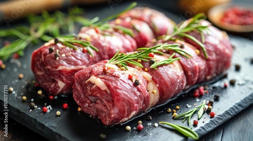 Raw beef roulades seasoned with herbs and spices, neatly arranged on a black slate board, ready for cooking preparation. photo