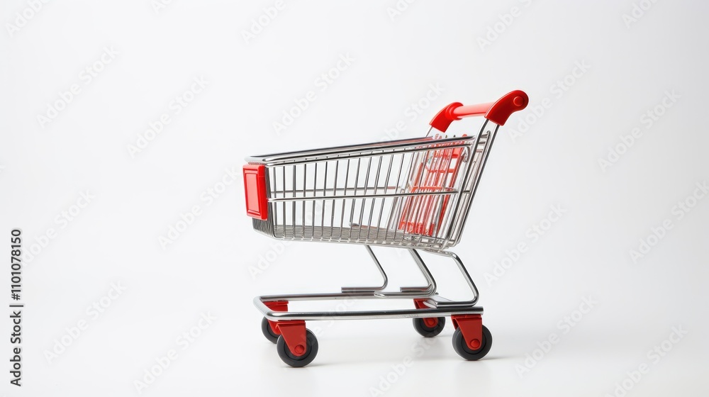 Empty metal shopping cart with red accents isolated on a clean white background showcasing retail shopping and consumer lifestyle concepts.