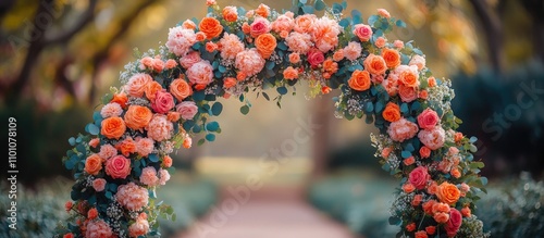 Colorful floral arch arrangement for wedding ceremony in natural outdoor setting with lush greenery and blurred background depth. photo