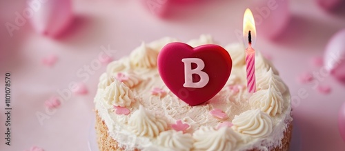 Celebratory birthday cake with heart-shaped candle and letter B, surrounded by pastel decorations and soft pink ambiance. photo