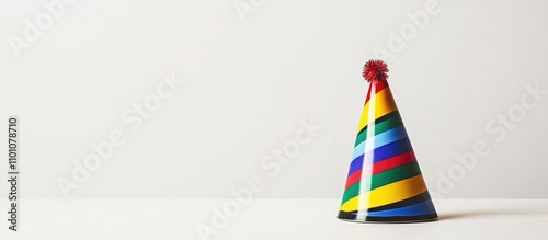 Colorful striped birthday hat with pompom isolated on white background celebrating joy and festivity for party themes and events photo