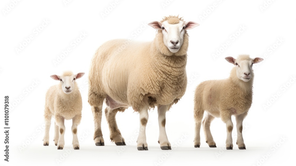 Fototapeta premium Sopravissana sheep with adorable lambs standing together against a clean white background showcasing their natural beauty and domestic charm