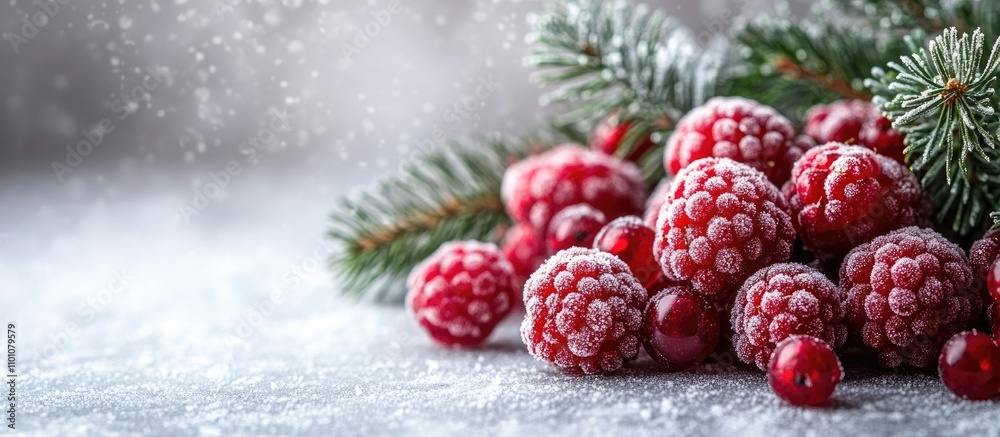 Frozen red berries with fir branches and a festive gift box on a white backdrop creating a winter wonderland scene. Frozen red berries with fir branches and a festive gift box on a white backdrop creating a winter wonderland scene.