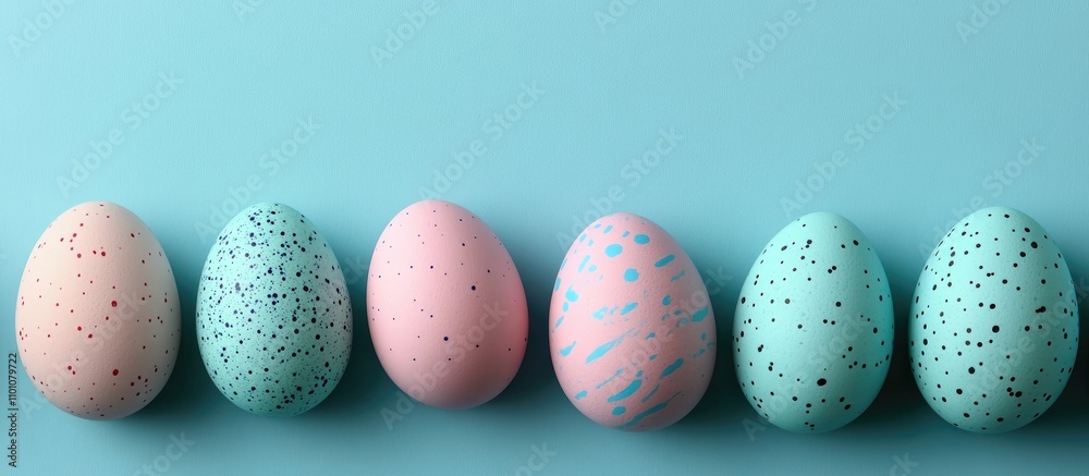 Colorful pastel Easter eggs with speckles arranged on a soft blue backdrop ideal for spring holiday decorations or promotional materials Colorful pastel Easter eggs with speckles arranged on a soft blue backdrop ideal for spring holiday decorations or promotional materials
