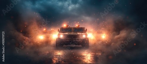 Dramatic scene of army Infantry Fighting Vehicles maneuvering through smoke and light during a military exercise emphasizing tactical operations photo