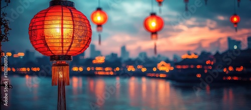 Lantern Festival Celebration with Vibrant Red Lanterns Over a River at Dusk in Traditional Chinese Festival Atmosphere photo