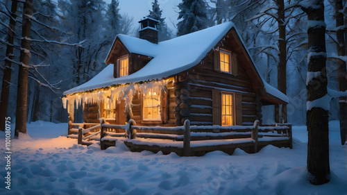 Cozy wooden house in the snowy forest during winter season with a rustic village feel and tall tr