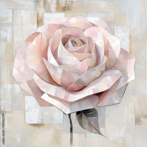 Abstract rose with hexagonal petals and geometric lines in pastel pink and silver