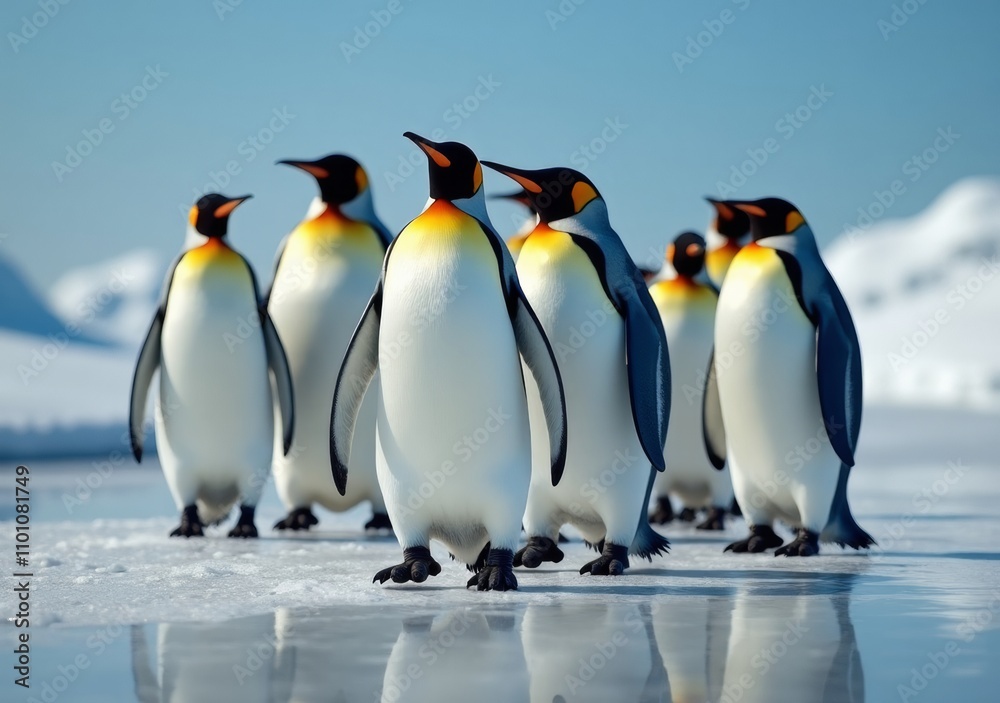 Fototapeta premium Group of penguins walking on ice in a cold, snowy environment
