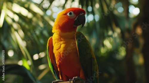 Vibrant sun conure perched amidst lush greenery in a zoo setting showcasing colorful plumage and exotic beauty photo