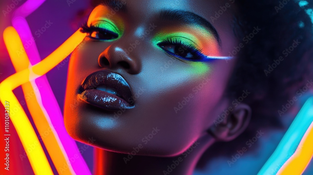 Young black model showcasing bold neon makeup with radiant colors and dramatic lighting that enhances her striking features. Young black model showcasing bold neon makeup with radiant colors and dramatic lighting that enhances her striking features.