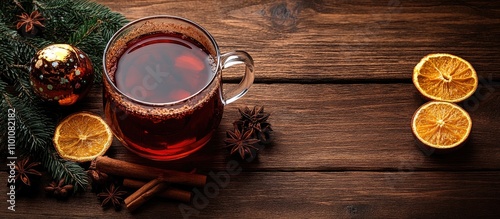 Mulled wine in a glass mug with cinnamon and fir branches on rustic wood with ornament and dried orange slices for festive atmosphere photo