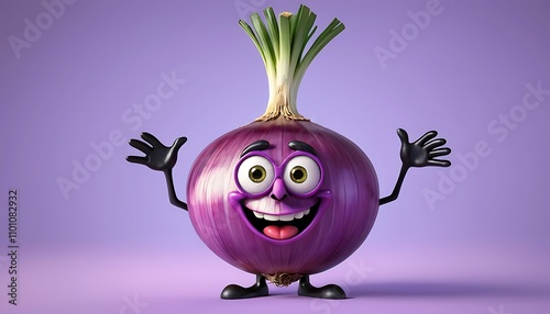 A cartoonish red onion with a smiling face arms and legs set against a light purple background