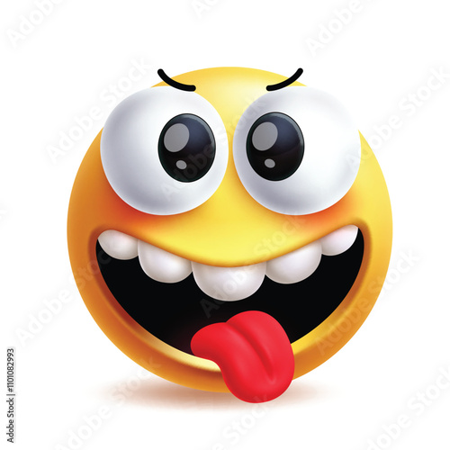Silly face emoji clipart character. Clipart emoji 3d facial expressions in ridiculous, foolish and crazy round yellow icon graphic elements in white background. Vector illustration silly face emoticon