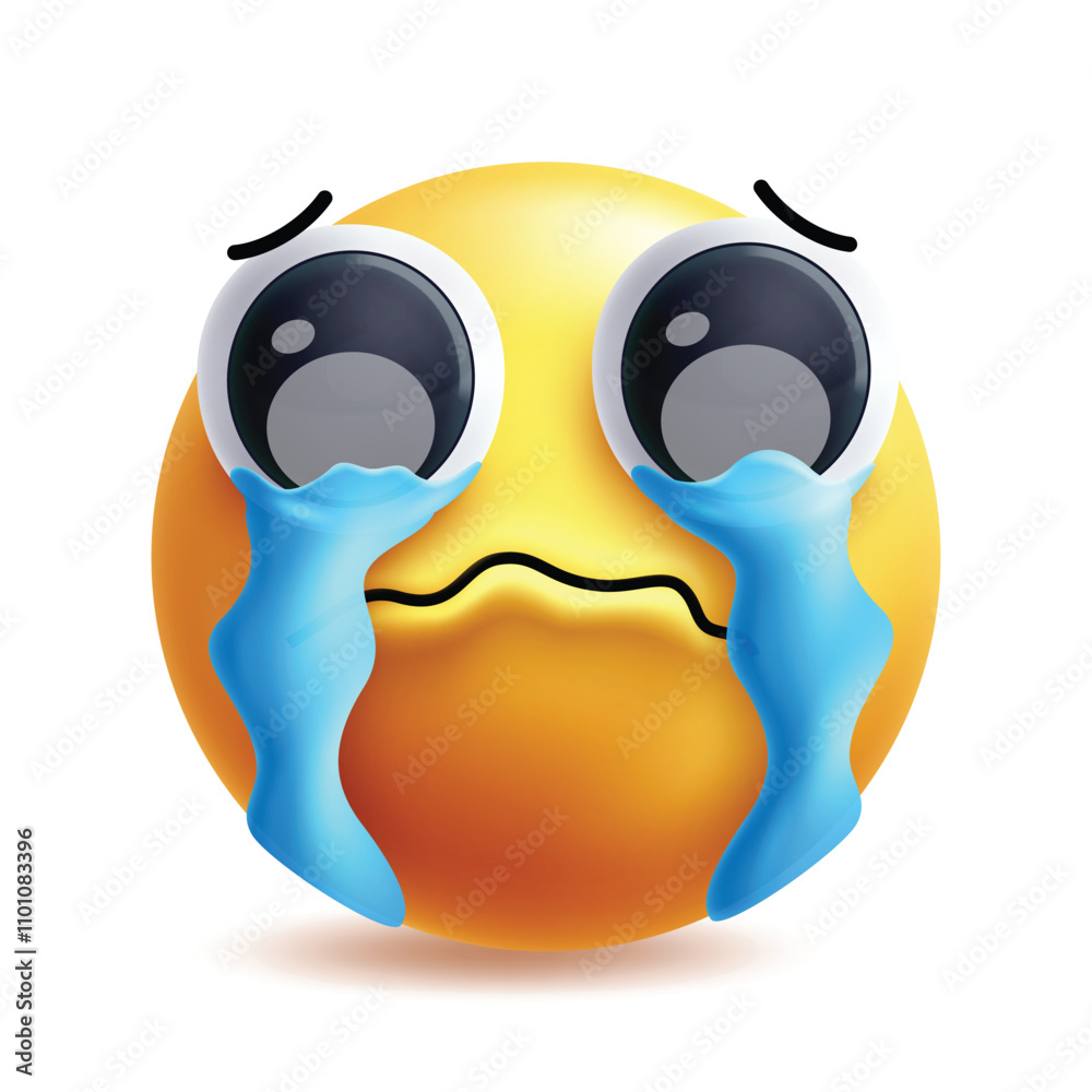 Fototapeta premium Sob emoji clipart character. 3d emoji facial expression in pain, grief, tear eyes, sorrowful, unhappy and sad clipart yellow icon elements in white background. Vector illustration crying emoticon. 