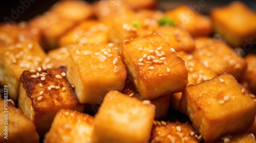 Crispy golden fried tofu cubes garnished with sesame seeds served on a dark plate highlighting their delicious texture and flavor. photo