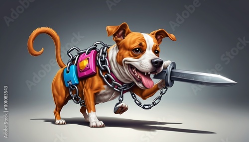 A cartoon dog holding a knife in its mouth constrained by chains and carrying bags