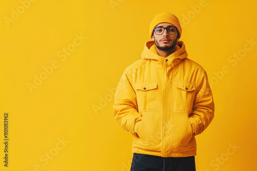 Man in yellow jacket and glasses standing next to colorful graffiti wall, holding paint cans. Bright sunlight casts shadows on ground. photo