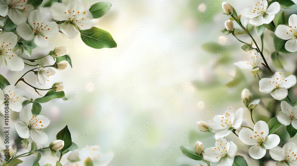 Obraz premium Spring floral border background with white blossoms and ample copy space for graphic design, presentations, marketing materials, and creative projects