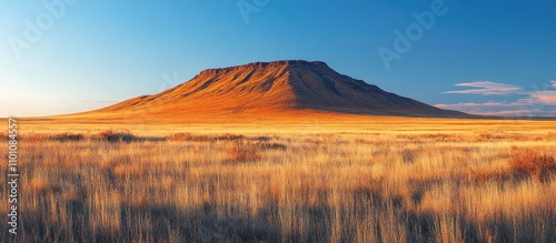 Pawnee Butte National Grassland scenic landscape showcasing dramatic rock formation and vast golden grasslands under clear blue skies photo