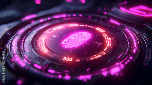 Futuristic 3D Fingerprint Scanner Interface Glows with Neon Pink and Red Lights, Abstract Background